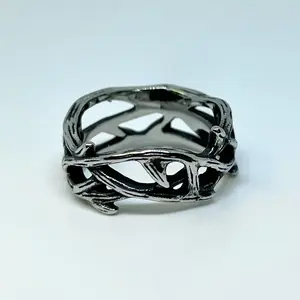 Stainless Steel Crown of Thorns Ring – Silver-Tone Gothic Open Band