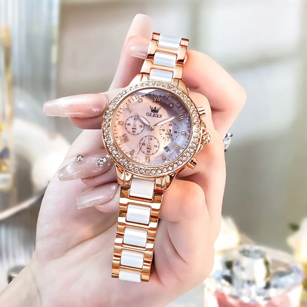 OLEVS Women's Watch Ceramic and Stainless Steel Bracelet Luxury Diamond Accents Mother of Pearl Dial Ladies Dress Watch Waterproof Day Luminous Jewelry Watch Gift for Women Blue/White/Pink