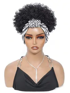 Black Headband Wigs For Women Afro Kinky Curly Wig With Synthetic Short Hair Wigs With Headband Attached Headwrap Wigs Kinky Curly Headband Wig