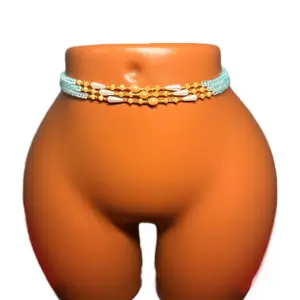 Auntie Ama’s Light of Faith Crystal Waist Beads with Blue & Golden Accents Elegant Design for Versatile Appeal