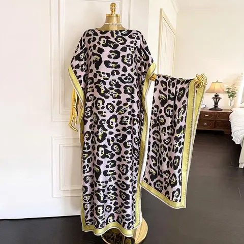 Laruda-Original Vibe Women's Bohemian 2-Piece Pink Leopard Print Loose Long Moo Moo Robe Set - FZP-25, Lightweight Breathable Woven Dress, Exotic Scarf Headband, Sun Protection Beach Wear, Fit Lady Attire