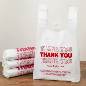 300-Count Recyclable Thank You T-Shirt Bags, 11"x6"x21" Heavy-Duty Leak-Proof Waterproof Grocery Bags with Convenient Handle Closure, Bottom Sealed for Small Business Use, White