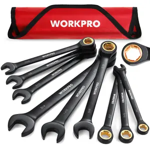 #JumpstartSale WORKPRO 9-Count Anti-Slip Ratcheting Combination Wrench Set, SAE 1/4"-3/4", 72-Tooth, Cr-V Constructed, Black Ratchet Wrenches Set with Roll Up Pouch