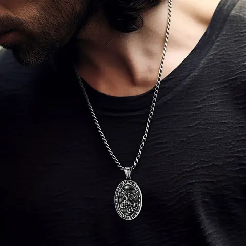 FaithHeart Men's Stainless Steel Archangel St. Michael Shield Amulet Pendant Necklace - 2.03in*1.01in (51.7mm*25.8mm), 22+2in Chain, Metal Coating, Unisex Religious Jewelry, Birthday/Father's Day/Anniversary Gift, Casual Daily Wear