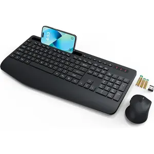 Wireless Keyboard and Mouse, Wrist Rest, Phone Holder, Batteries Included, 2.4G Lag-Free Ergonomic Keyboards Mouse Combo, Silent Keyboard Cordless Set