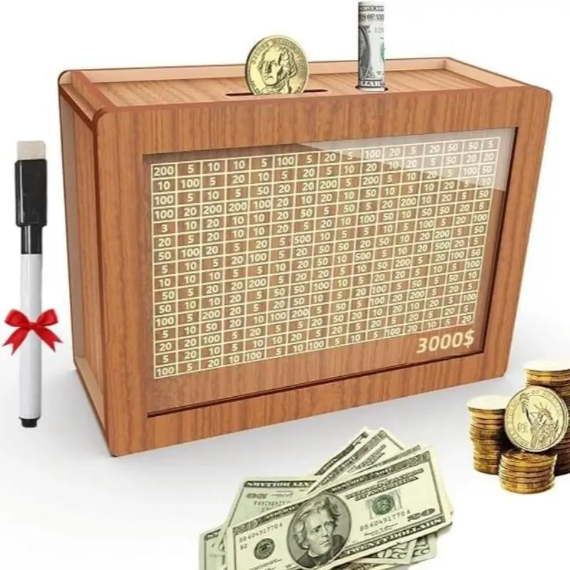 Wooden Piggy Bank with Erasable Acrylic Panel, 1 Count Reusable Money Saving Box with Pen, Money Saving Habit Development Tool for Adults & Teens