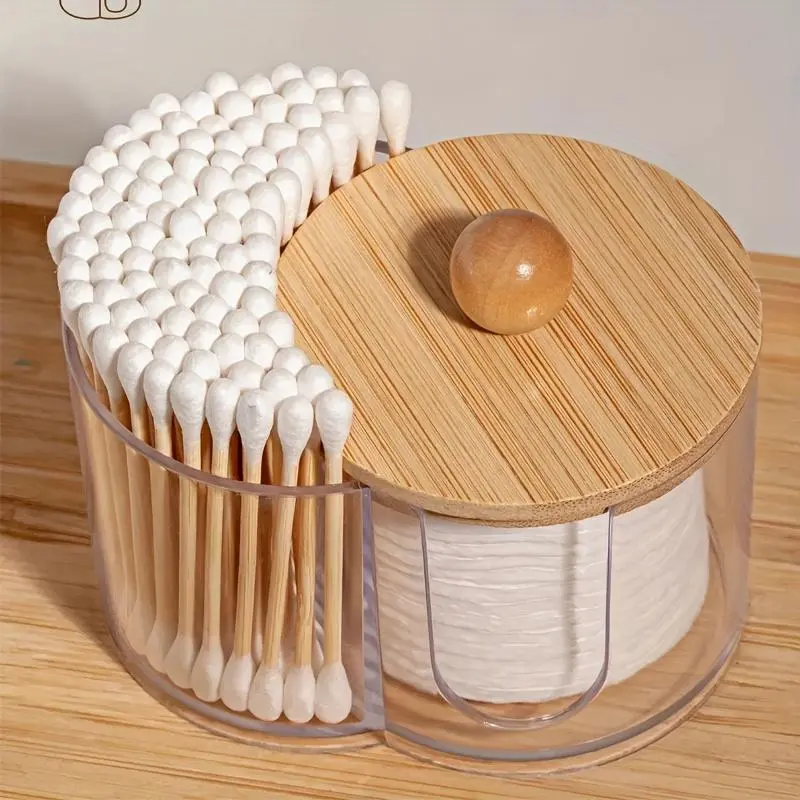 Dual-Purpose Cotton Swab And Makeup Pad Holder Featuring a Wooden Top - Two-Section Bathroom Storage for Cotton Buds, Pads, And Beauty Blenders - Compact Vanity Organizer with a Natural Wood Touch And Functional Design