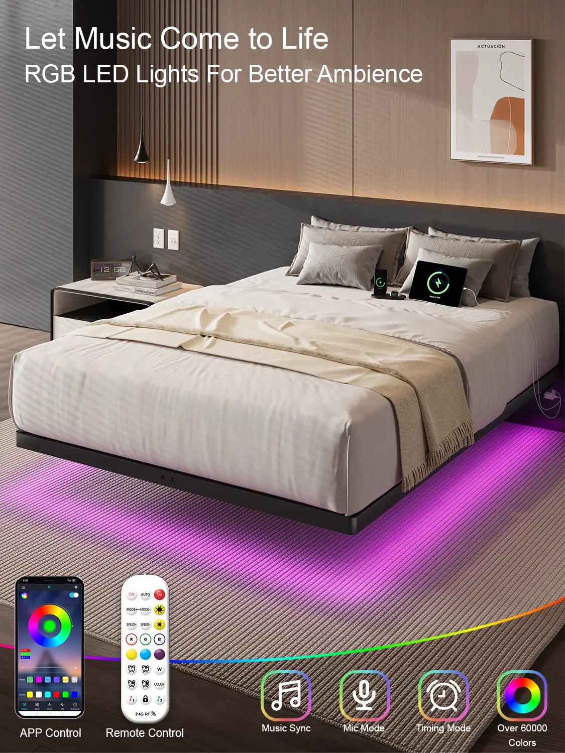 【FallDealsForYou】ONBRILL Floating Bed Frame with LED Lights Metal Slats Underbed Storage Space No Box Spring, Bedroom Furniture