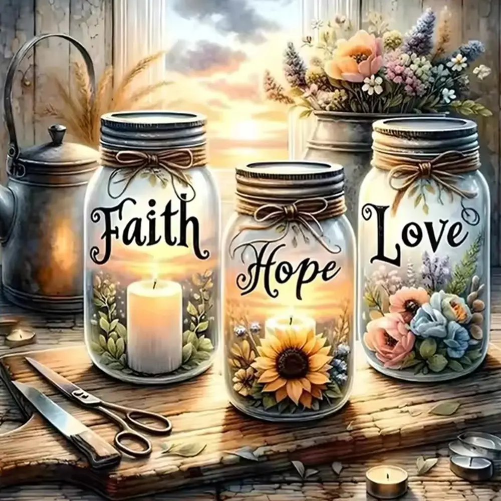 5D Diamond Painting Set, Hope, Faith, Love Design, Full Round Diamond Jewelry Art Set, Perfect for Home and Office Decoration, Unique Handmade Canvas Gift, Handmade Gifts, Diamond Painting Kit