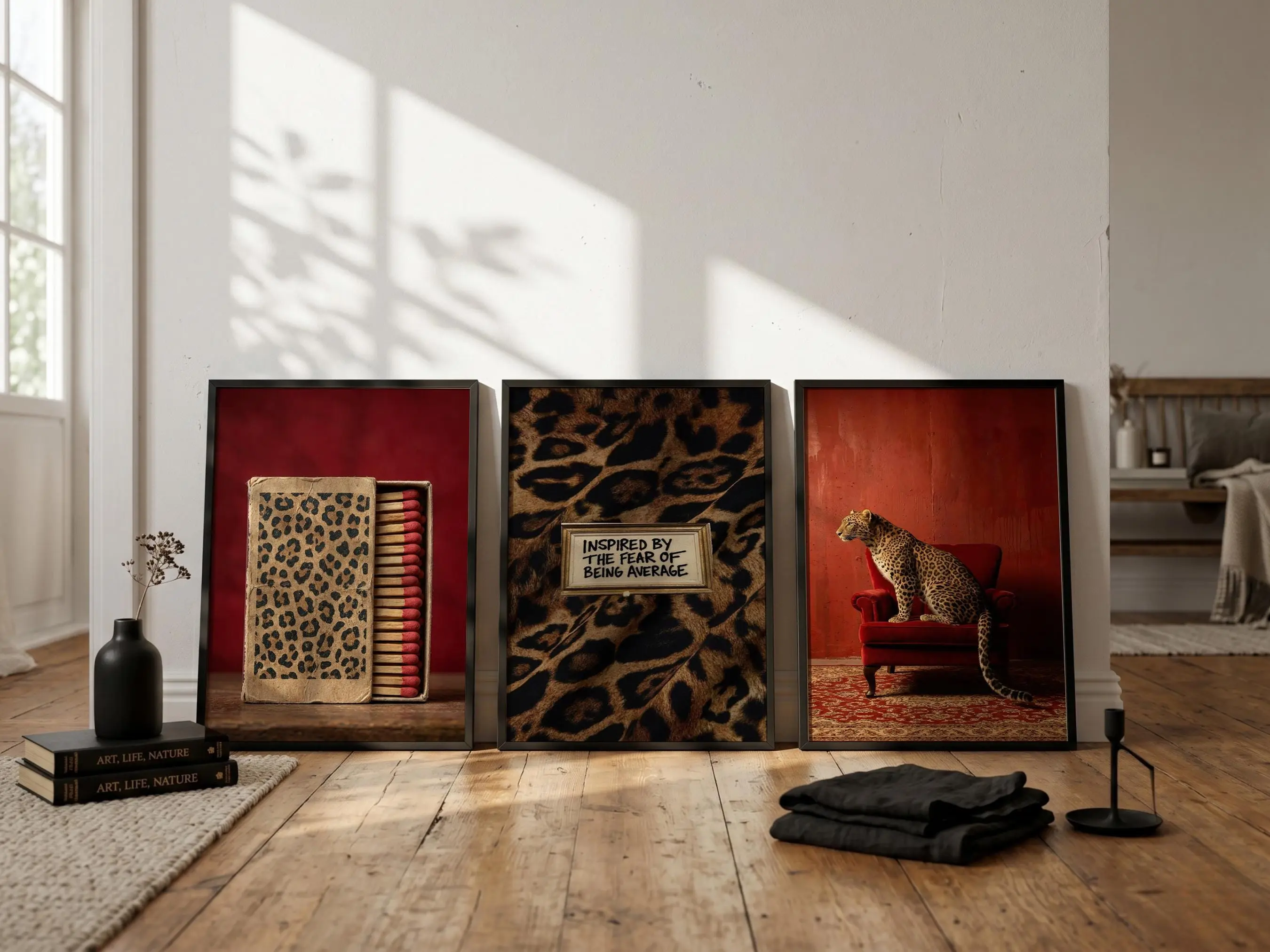 [Unframed] Leopard Print Wall Art Set of 3, Red Maximalist Gallery Wall Set, Cheetah Print Art, Retro Luxury Home Decor,