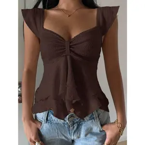 CURVEFIX Women's Textured Knit Ruffle Hem Sweetheart Neck Cap Sleeve Elegant T-Shirt, Rave Top Ruffle Top Brown Top Women Chocolate Brown Top, Blouses, Fabric, Fit, Frill, Womenswear, Basic, Minimalist