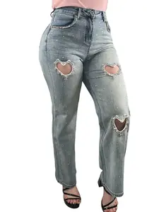 Hearts Rhinestone Straight Denim Jeans - Dirty Blue Wash - True To Size & Stretchy
