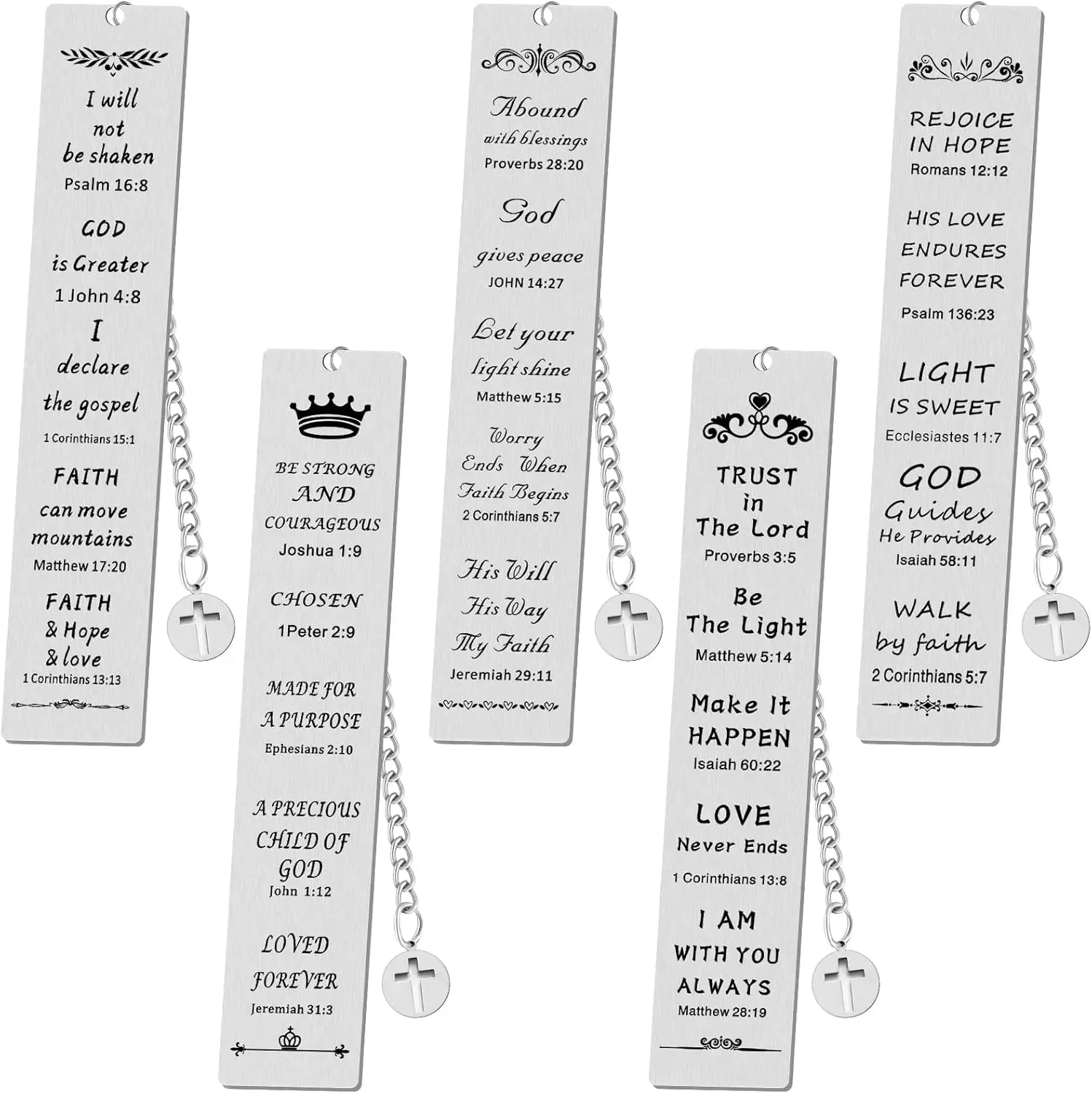 Christian Women's Elegant Rectangular Metal Verse Bookmarks (5-Count, 0.95x5.1in/2.4x13cm) with Church Cross Chain Scriptures, Office Stationery for Baptism, Book Lovers, Sister, Mother, Godfather