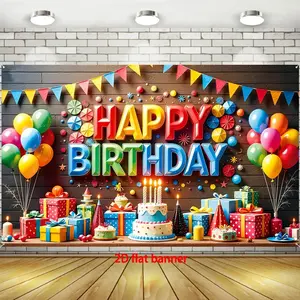 2D Flat, 2D Flat - 2D Flat, 2D Flat - 2D Flat, 1pc Vibrant Happy Birthday Banner, Colorful Fabric Backdrop with Balloon And Confetti Design, Durable And Foldable, for Indoor/Outdoor Party De