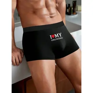 Men’s comfortable boxer briefs made from soft, skin-friendly fabric featuring a fun “I love my girlfriend” print; casual fitted underwear suitable for all seasons; heart-print boxers; men’s underwear.