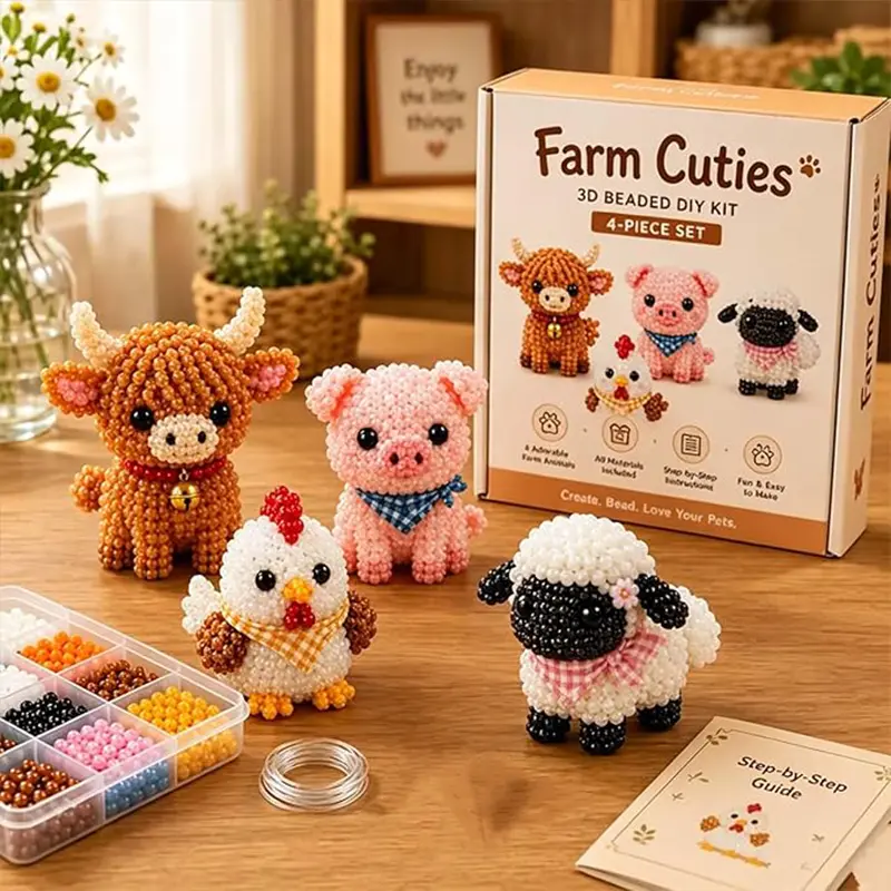 3D Beaded Animal DIY Beading Embroidery Kit - 4 Cute Designs, Beginner-Friendly Craft Kit for DIY Enthusiasts