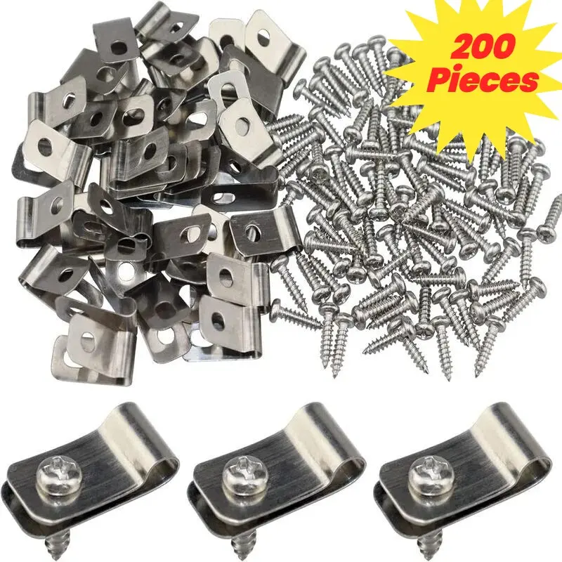 200pcs Stainless Steel Fence Wire Clamps with Screws Heavy Duty Fencing Mounting Clips for 12-16 Gauge Welded Clamps to wood. Secure installation for Wood, Metal or Vinyl Railings, Agricultural Wire Mesh Clips, Fence Clips for outside, Wood Fence Upgrade
