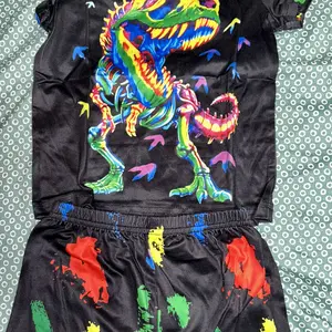 Toddler Boy's Dinosaur & All Over Print Short Sleeve T-shirt Tee & Elastic Waist Shorts Loungewear Set, Casual Comfortable Graphic T-shirt Top & Shorts Pj Set, Kids Sleepwear for All Seasons, Pajama Lounge Sets, Pajamas