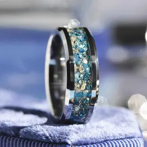 Crushed Raw Blue and White Sapphire Men's Tungsten Ring