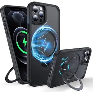 360 ° Rotatable Magnetic Ring for iPhone 12 Case/iPhone 12 Pro Case Compatible with MagSafe[Non-slip Texture][Built-in Kickstand][Military Shockproof]Translucent Matte Silicone Bumper Slim,Black