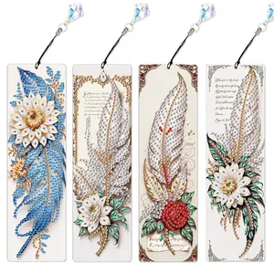 Feather Pattern DIY Diamond Arts Colorful Painting Kit, 4 Counts/set Bookmark Kit, DIY Handmade Bookmark for Home Office School Supplies