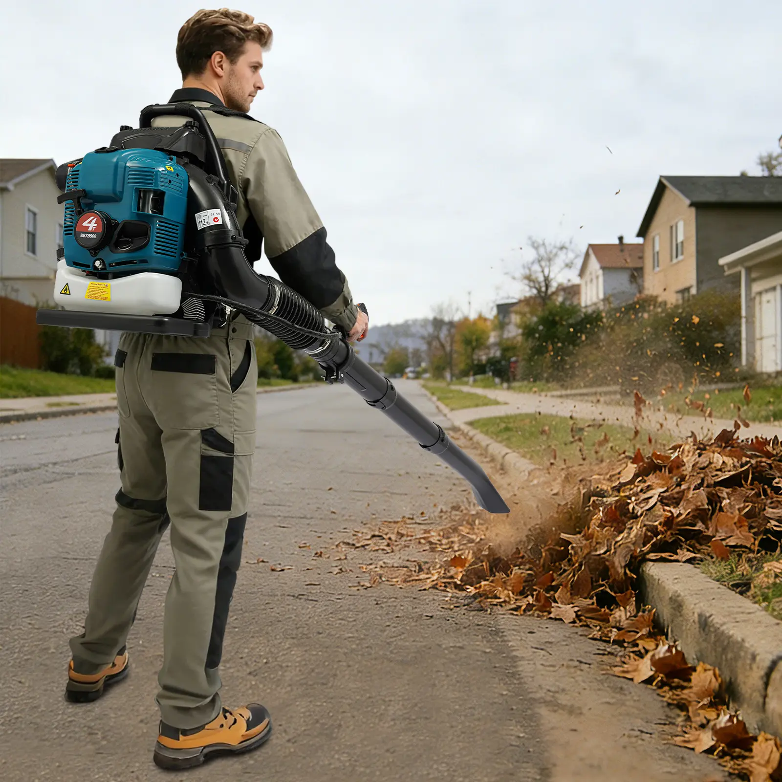 Backpack Leaf Blower 75.6cc 2.6kW, Gas Powered Yard Cleaner for Lawn Snow Debris, 14.1m³/s Air Volume, Blue