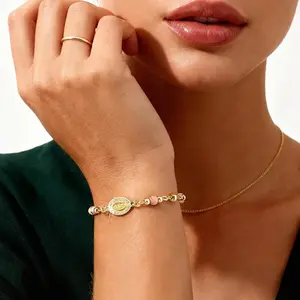 Tewiky 14K Gold Plated Faith Cross Bracelet with Virgin Mary Charm Natural Gemstone Easter Mother's Day Gift of Hope and Protection