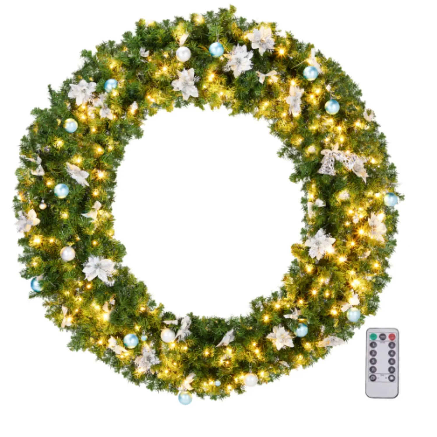 Ubesgoo 48in/60in Pre-lit Christmas Wreath, Lighted Artificial Xmas Wreath with 220 Cold & Warm White Lights and 600 PVC Tips and DIY Ornaments, for Front Door Gate Wall Xmas Party Decorations, Light Green