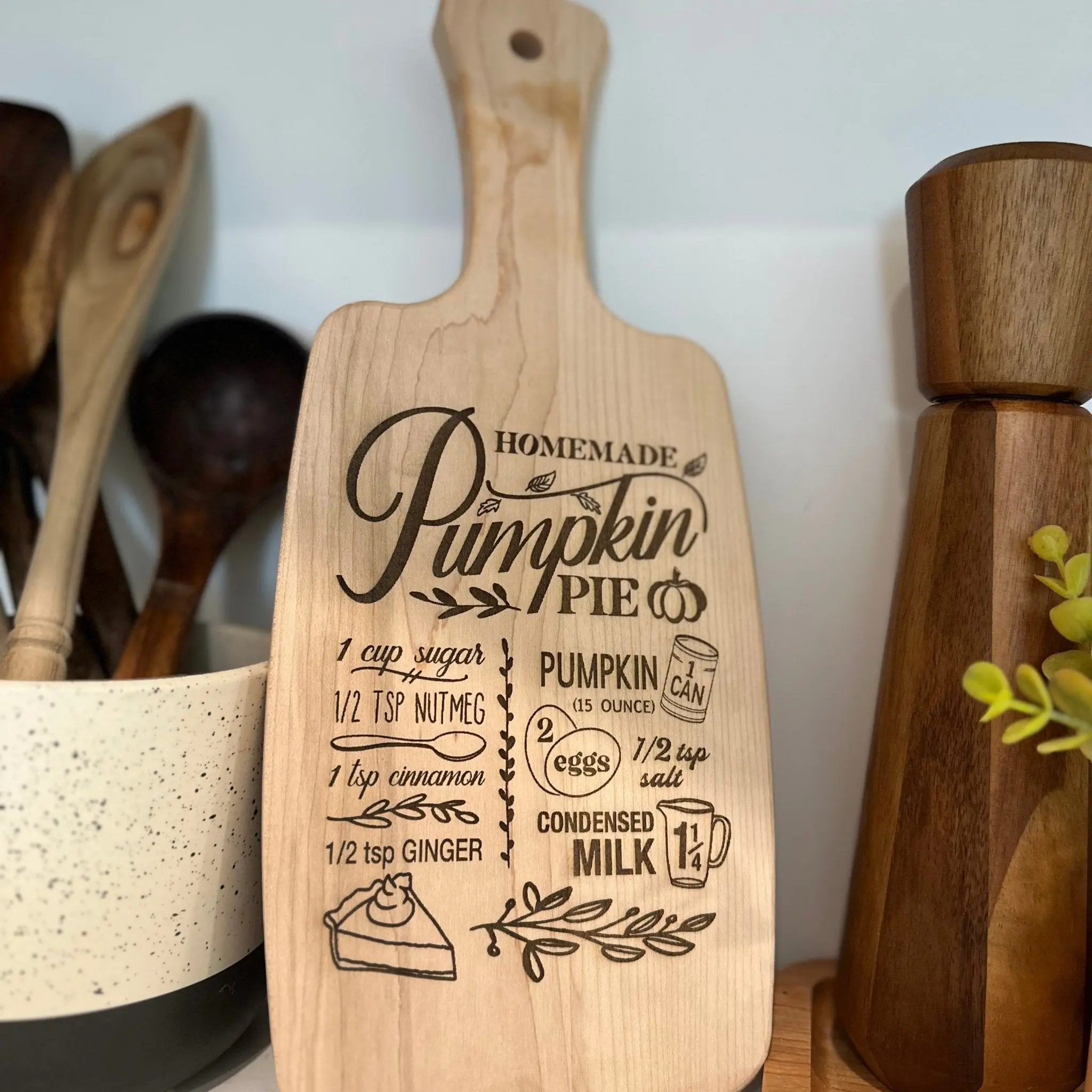 Pumpkin Pie Recipe Engraved Serving Board with Handle – Maple or Walnut