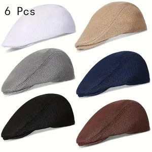 Men's 6-Pack Breathable Mesh Flat Top Newsboy Taxi Driver Hats, 100% Polyester with PVC Coating, Fantasy Charm Style, Hand Wash Only