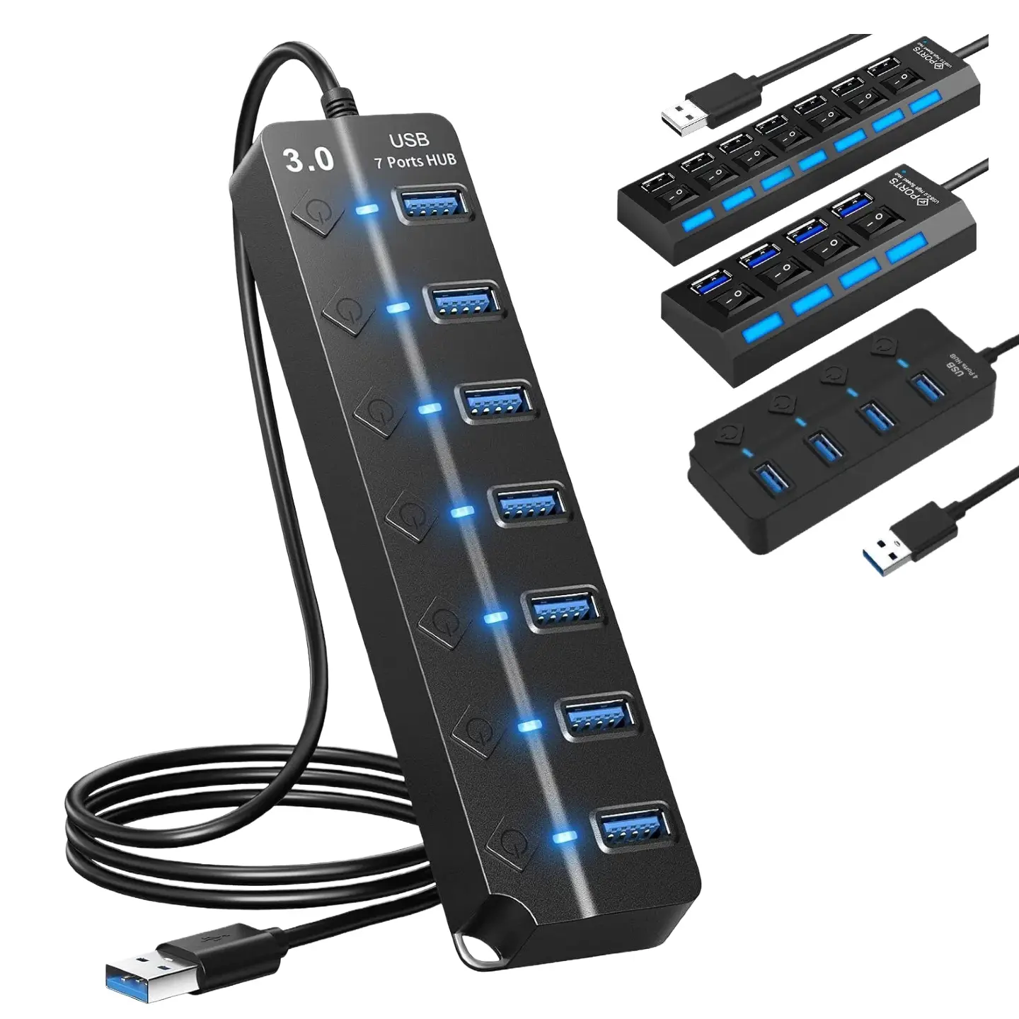 4/7 Port USB 3.0/2.0 HUB with Independent Switch, Multi-Interface Splitter for Laptop Desktop External Hard Drive, High-Speed Transfer, USB Extension