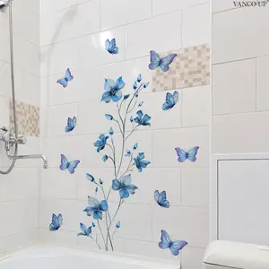 One piece (30*60cm) watercolor-style fresh blue floral & butterfly spring-summer matte Decorative Sticker wall sticker, suitable for home background decoration and beautification