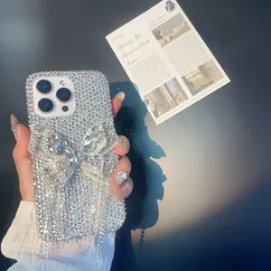 Full Diamond 3D Bowknot Tassel Case for iPhone14/15/16 Series | Full Diamond Coverage + 3D Crystal Bowknot + Diamond Tassel | Shockproof Scratch-Resistant | Party/Date Outing Luxury Sparkling Eye-Catching Style