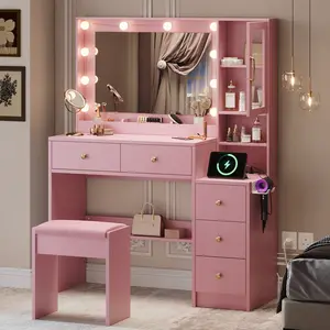 TOKSOM Vanity Desk with Mirror and Lights Set with 5 Storage Drawers Power Outlet & Chair with RGB Ambient Light Adjustable Brightness for Girls Bedroom Large Corner Desk Vanity Makeup Vanity Desk Vanity Mirror Pink/White/Black