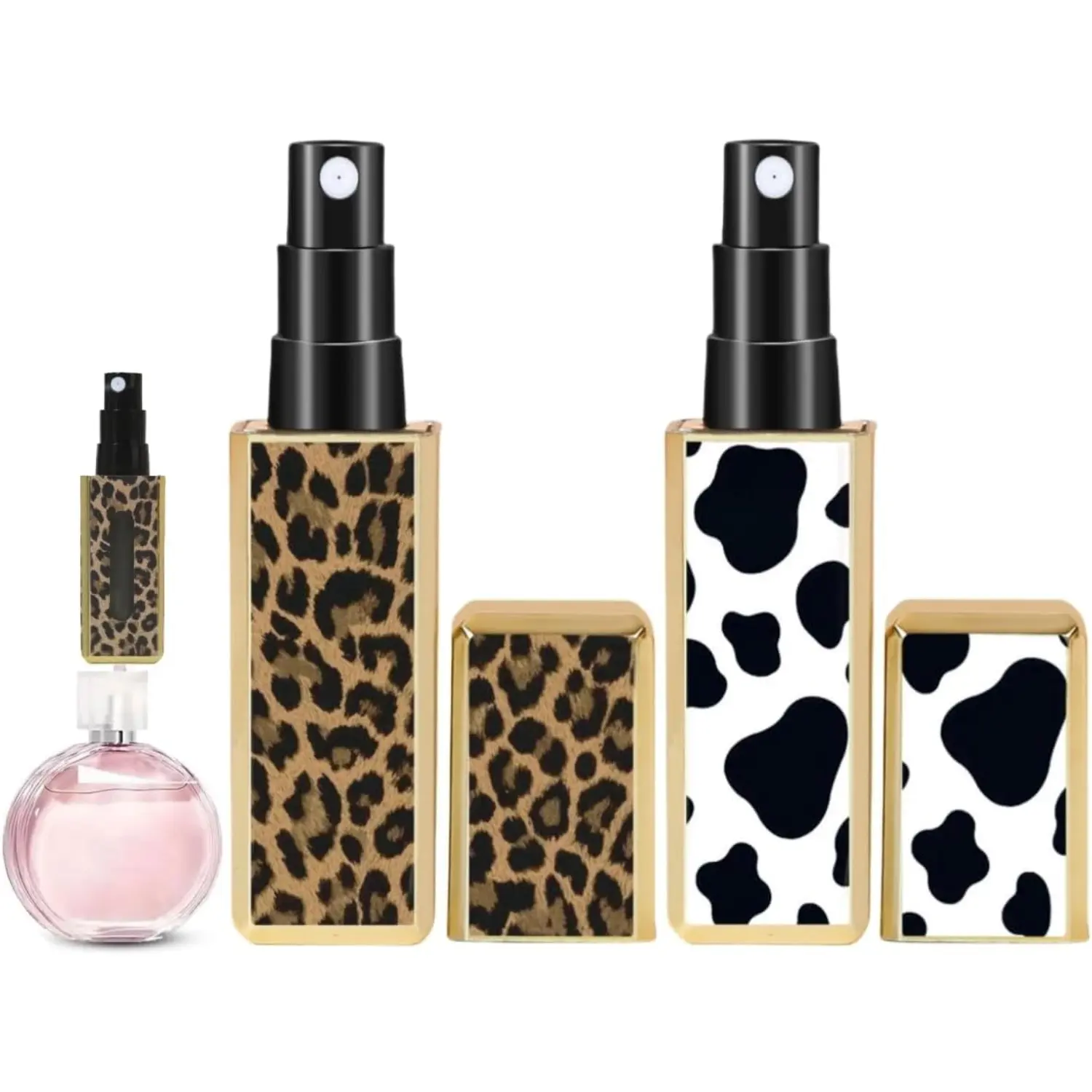 2-pack 5ml leopard and cow print perfume travel bottles, Portable perfume bottles, reusable square perfume spray bottles with bottom filling (leopard and cow print), suitable for travel Cosmetics Makeup Tool Travel Container Bottle