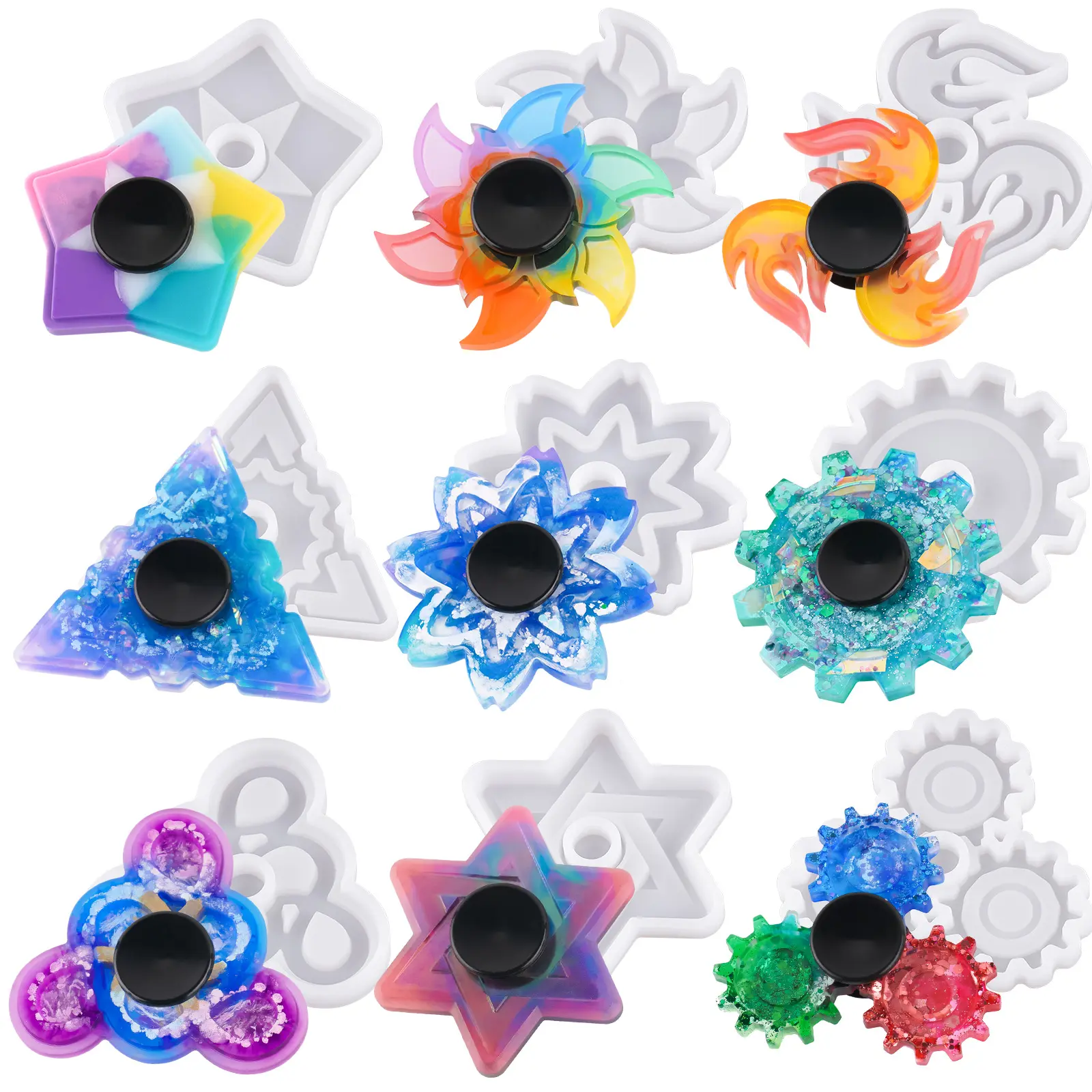 NiArt DIY Epoxy Resin Casting Silicone Mold Kit - 9 Molds, 10 Bearings, Non-Toxic, Oven Safe, Stress Relief Tools, Pocket Stress Relief, Resin Crafts, Fidget Finger Spinner, Coaster, Candle Holder, DIY Project, Gift