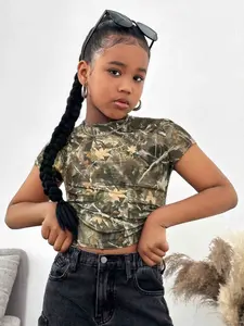 Girls' Knitted Round Neck Printed Short T-shirt Top, Fashionable Design, Featured Outfit, Casual Versatile, Girls' Clothing