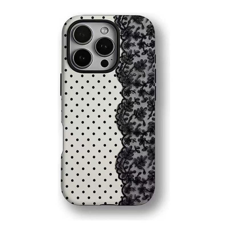 Black Polka Dot Lace Print Pattern Phone Case IMilitary-grade Shockproof Protection, Compatiblewith iPhone 17 Pro Max 16 15 14 13 12 11 X Plus/Pro & Samsung Galaxy I Affordable ToughAnxiety Phone Case for Girls