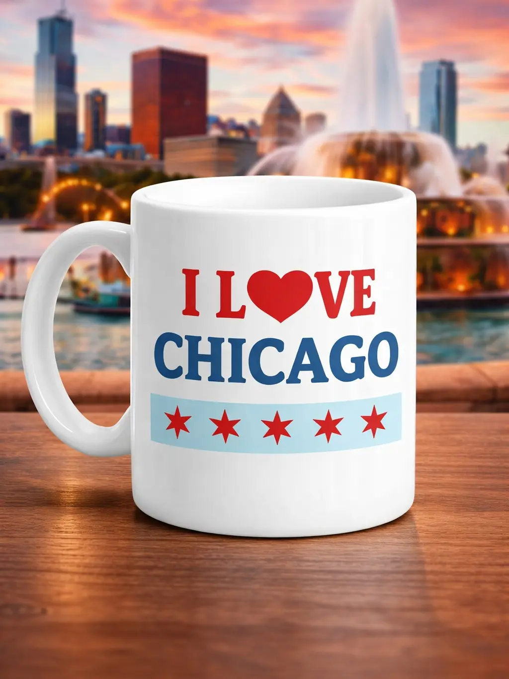 Classic Reusable Washable Glossy Ceramic Coffee-Tea Mug with Handle, Flag Stars & Skyline Print, Chicago Pride Souvenir Cup, Ideal for Moving Away & Birthday Gifts