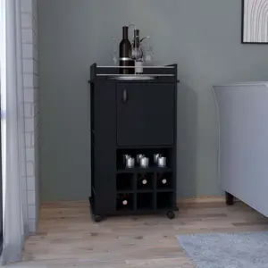 [Fahuac] Black Rolling Bar Cart with 6 Wine Racks, Mobile Home Bar Serving Cart with Casters, Easy Assembly Kitchen Party Cart