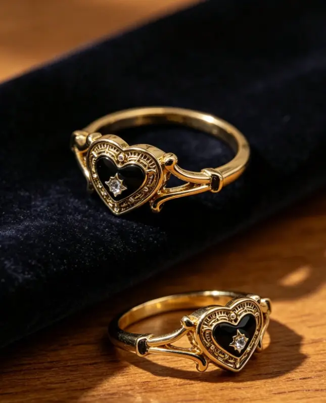 Vintage Bohemian Black Enamel Heart Ring for Women, Rhinestone Star Love Promise Ring, Gothic Whimsigoth Adjustable Finger Ring