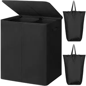 154L Double Laundry Hamper with Lid and Removable Laundry Bags, Large Dirty Clothes Hamper 2 section Collapsible Laundry Basket Dorm Room Storage for Bedroom, Bathroom, College, Black