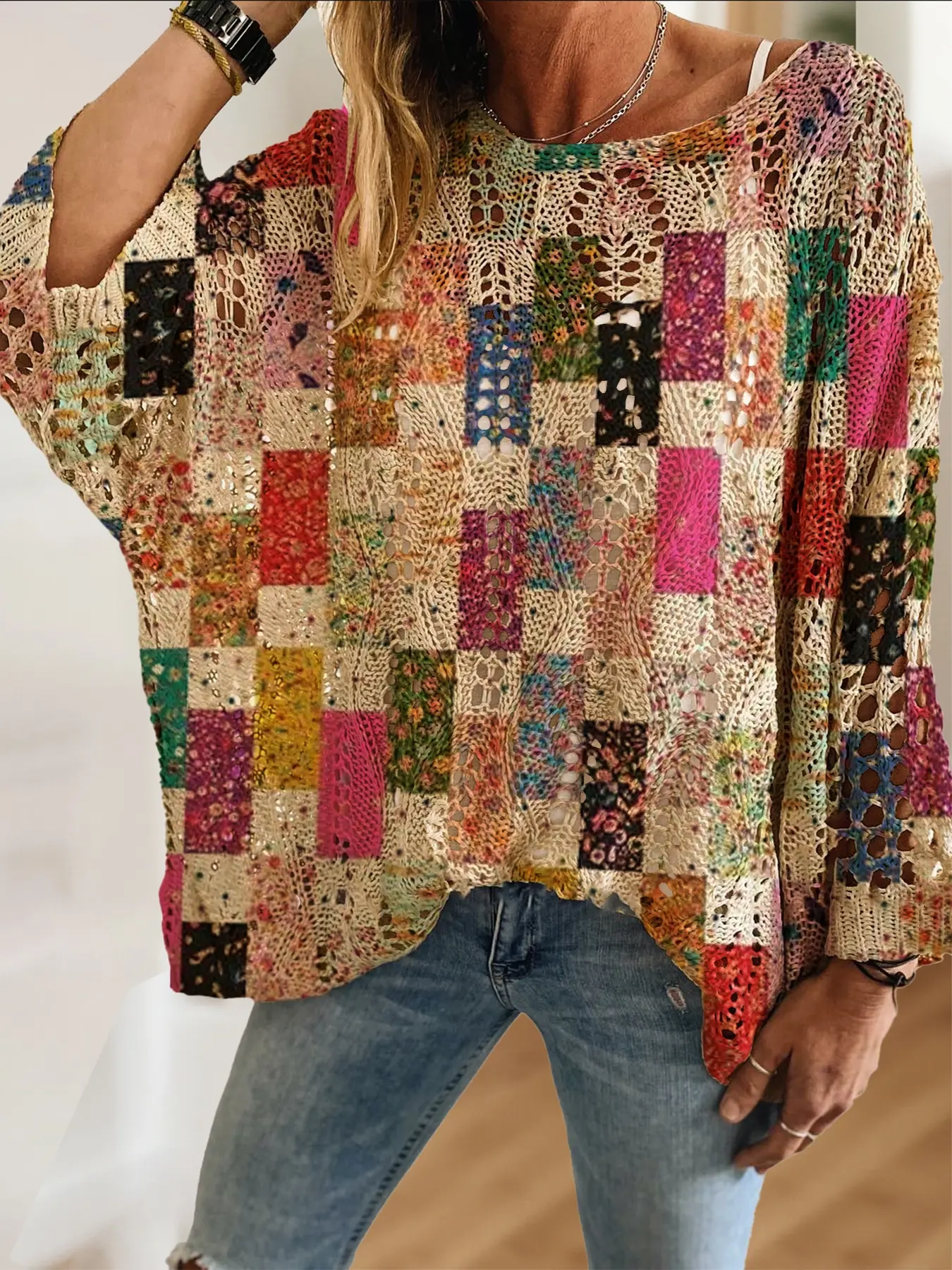 Women's Bohemian Plaid Patchwork Floral Knit Top Blouse, Long Sleeve, Casual Elegant Vacation Style, Loose Fit Batwing Shoulder Design, Spring Summer Fall Fashion