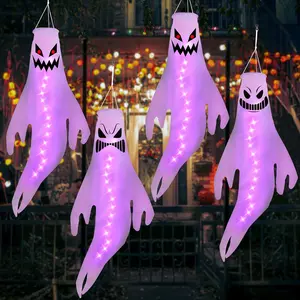 4 count Purple Halloween Fierce Ghost Windsocks Hanging Decorations - 43 Inch Flag Wind Socks for Home Yard Outdoor Decor Party Supplies ( Not Included,No Timer)