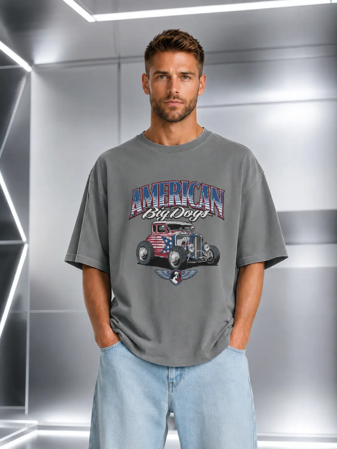 American Big Dogs T-Shirt - Gray Crew Neck Short Sleeve with Car and Flag Design, Casual Style for Men Men Summer Short Sleeve Crew Neck Crop Top Washed T-shirt