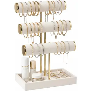 3 Tier Velvet T Bar Jewelry Holder Stand with Tray, Jewelry Organizer Displays for Vendors, Storage Organizer for Bracelet Necklace Bangle Scrunchie Watch Ring (Beige)