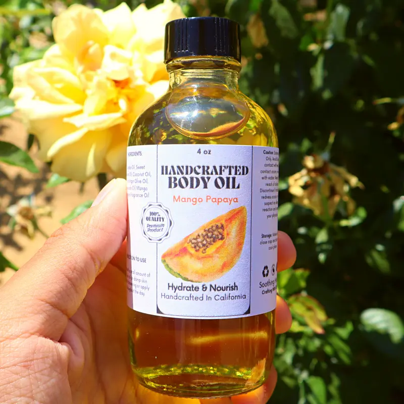 Handcrafted Tropical Fruit Mango Papaya 4oz Multi-Oil Body Oil - Olive, Coconut, Avocado Blends, Vitamins, Lightweight, Moisturizer, Hydrating, Restore, Aroma, Scented, Dropper Included - For Dry Skin Relief, Soft Skin