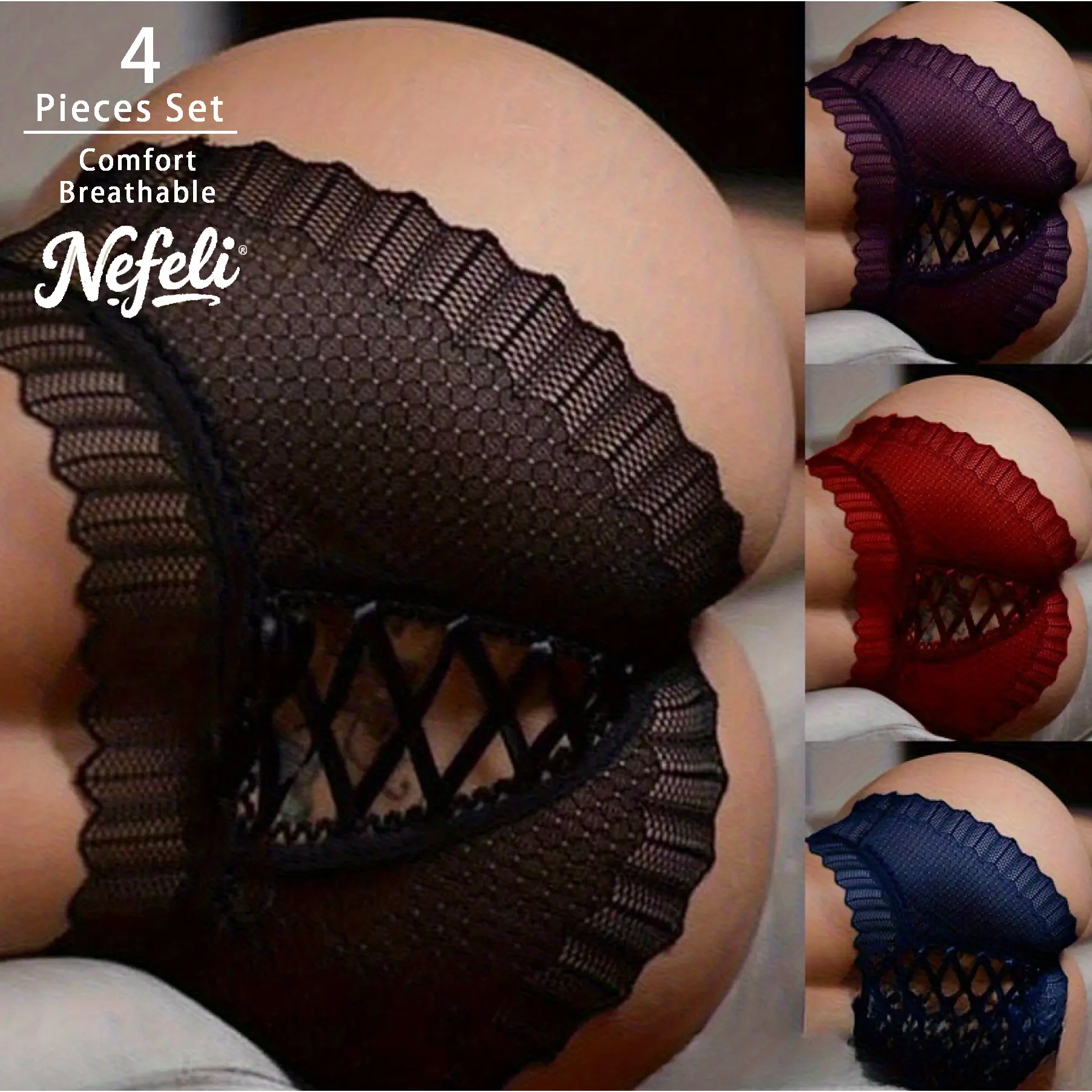 NEFELI Women's Alluring Lace Panties 4-Pack High Waist Mesh Soft Breathable Underwear Adjustable Back Design for Daily & Dating Wear Womenswear