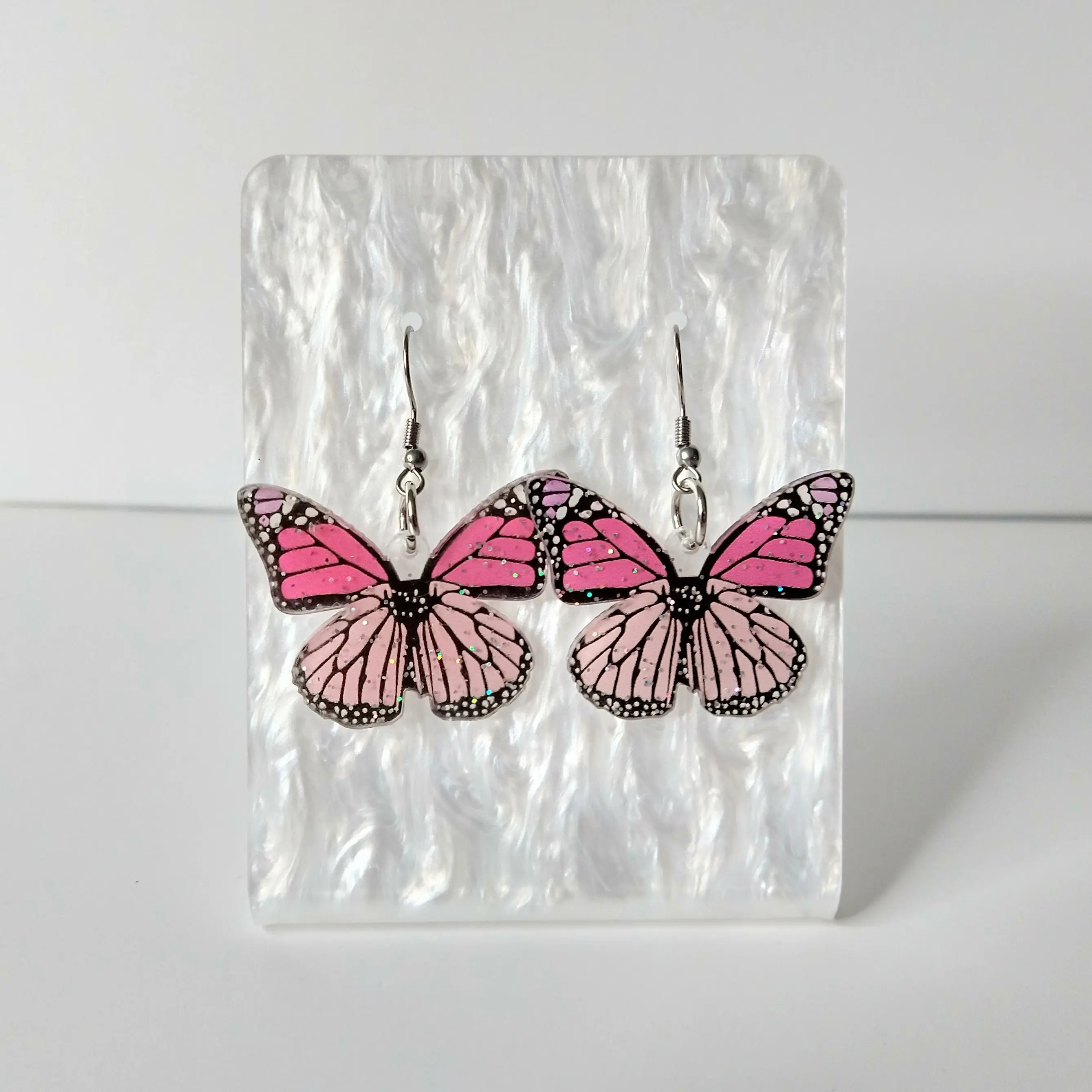 #264 Glittery Dark Pink & Light Pink Butterfly Earrings- Stainless Steel Hooks- Casual Insect Animal Jewelry