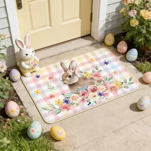 Pastel Plaid Rabbit Welcome Mat, Easter Decorative Rug, Washable Area Rug, Home Decorative Rugs, Rabbit and floral pattern design, Washable Indoor Outdoor Floor Mat, Suitable for entryways, Easter gift for friends, garden-style home Decor